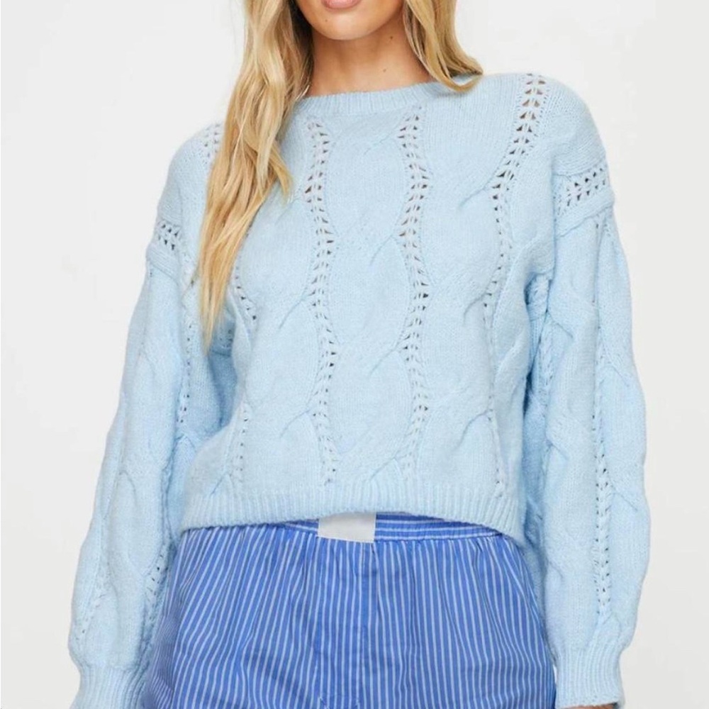 Princess Polly Blue Crew Neck Sweater with Ribbed Knit